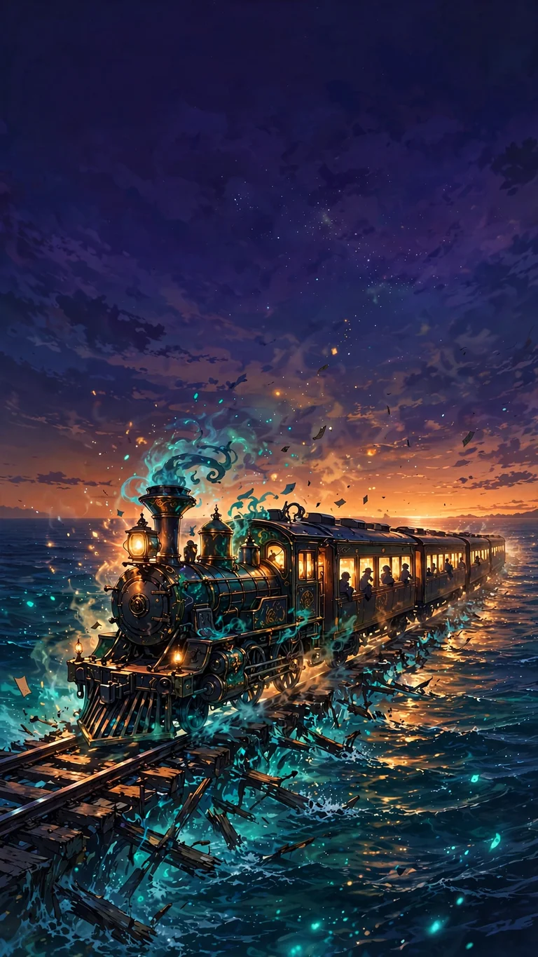 anime spirit train over ocean wallpaper