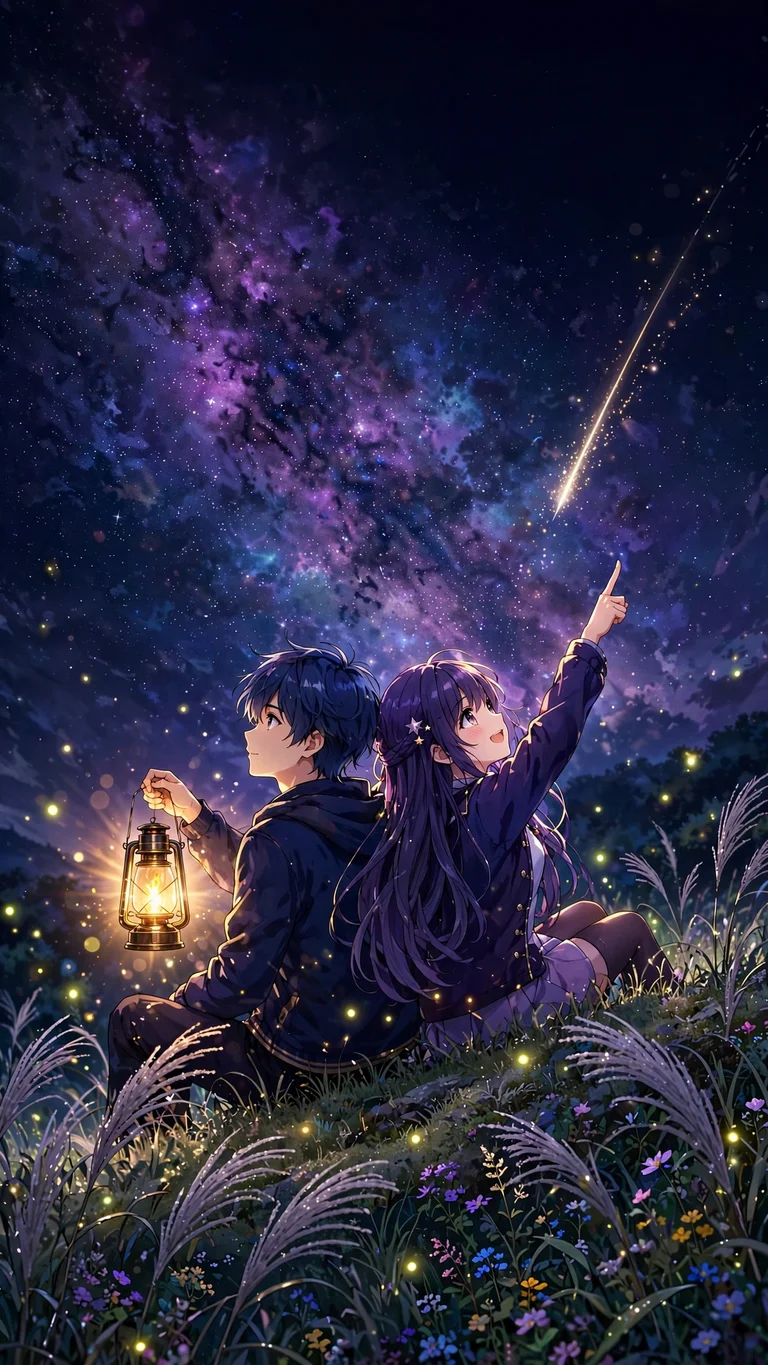 anime couple stargazing milky way wallpaper