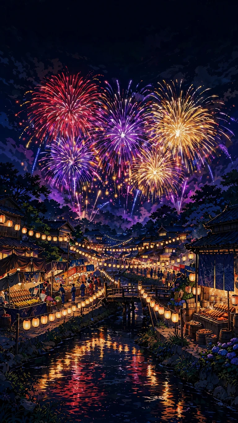 anime fireworks over lantern village wallpaper