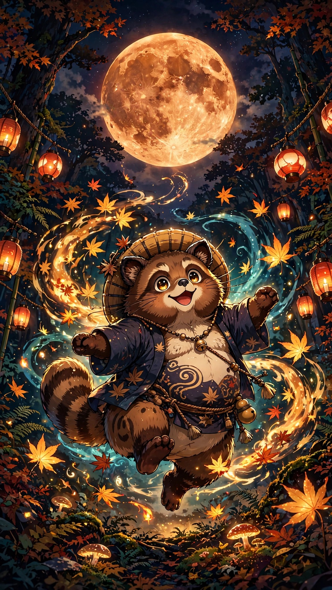 Playful tanuki dancing under a giant harvest moon in autumn forest