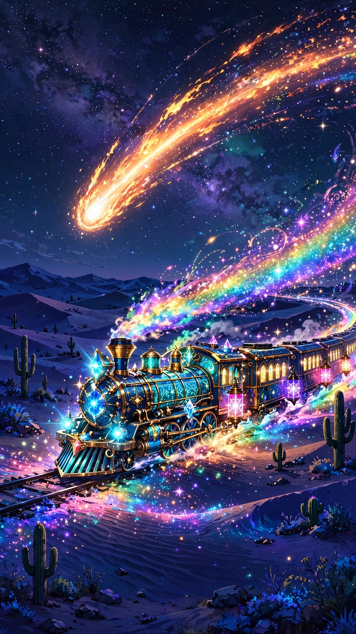 Magical comet train racing across a starry desert night sky