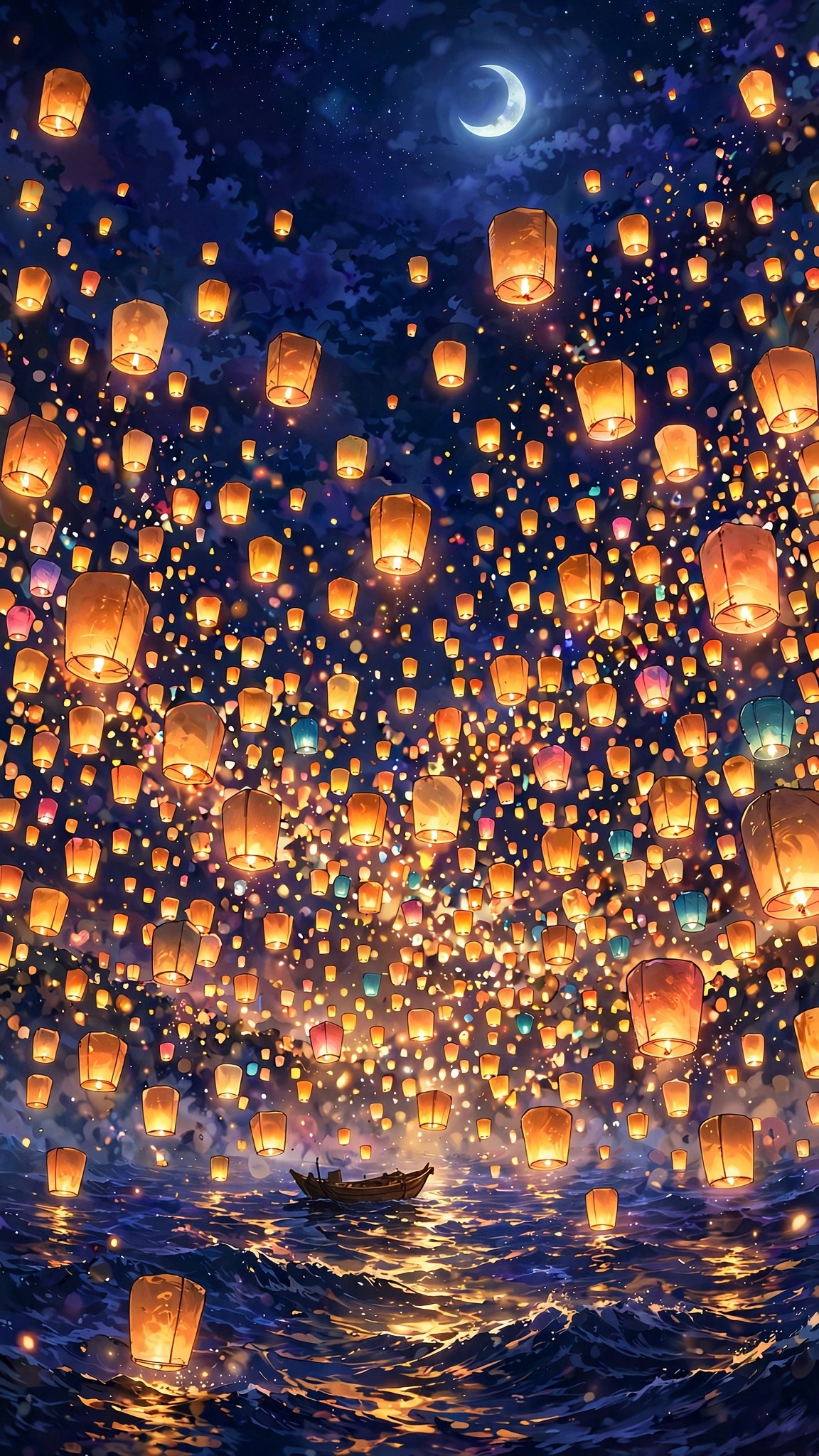 Floating lanterns rising over a moonlit ocean at night