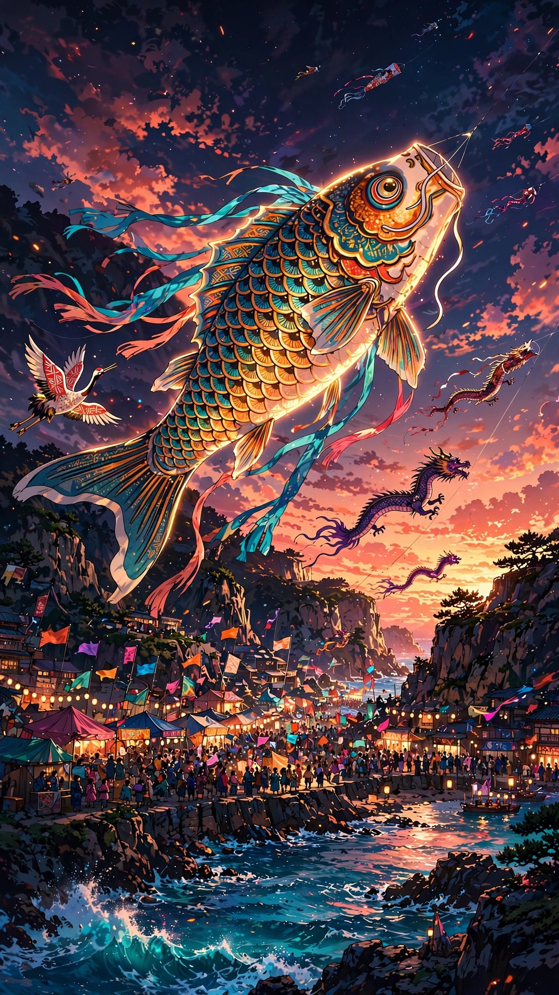 Carp Kite Coastal Festival scene, vertical anime wallpaper