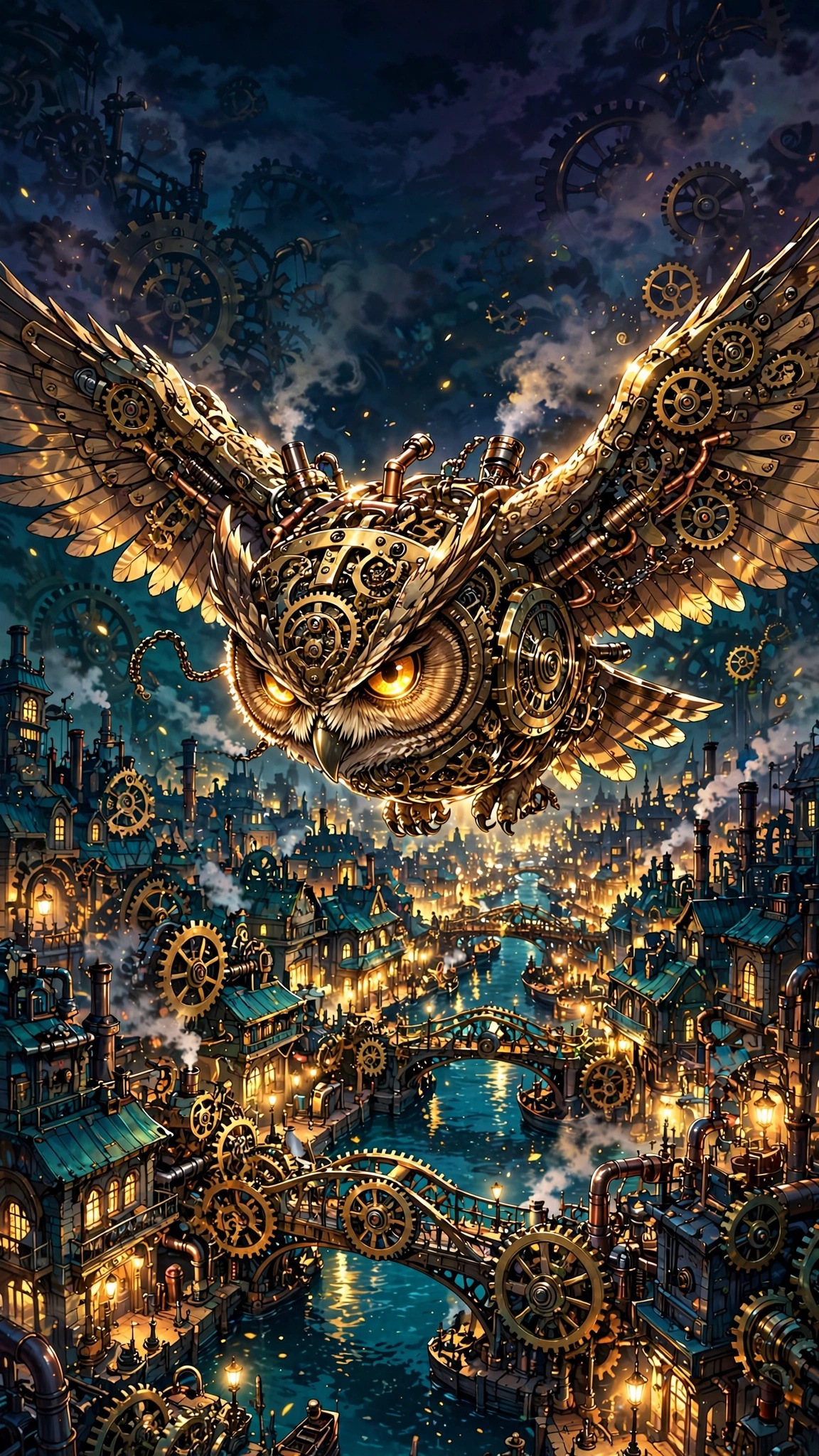 Clockwork Owl Canal City scene, vertical anime wallpaper