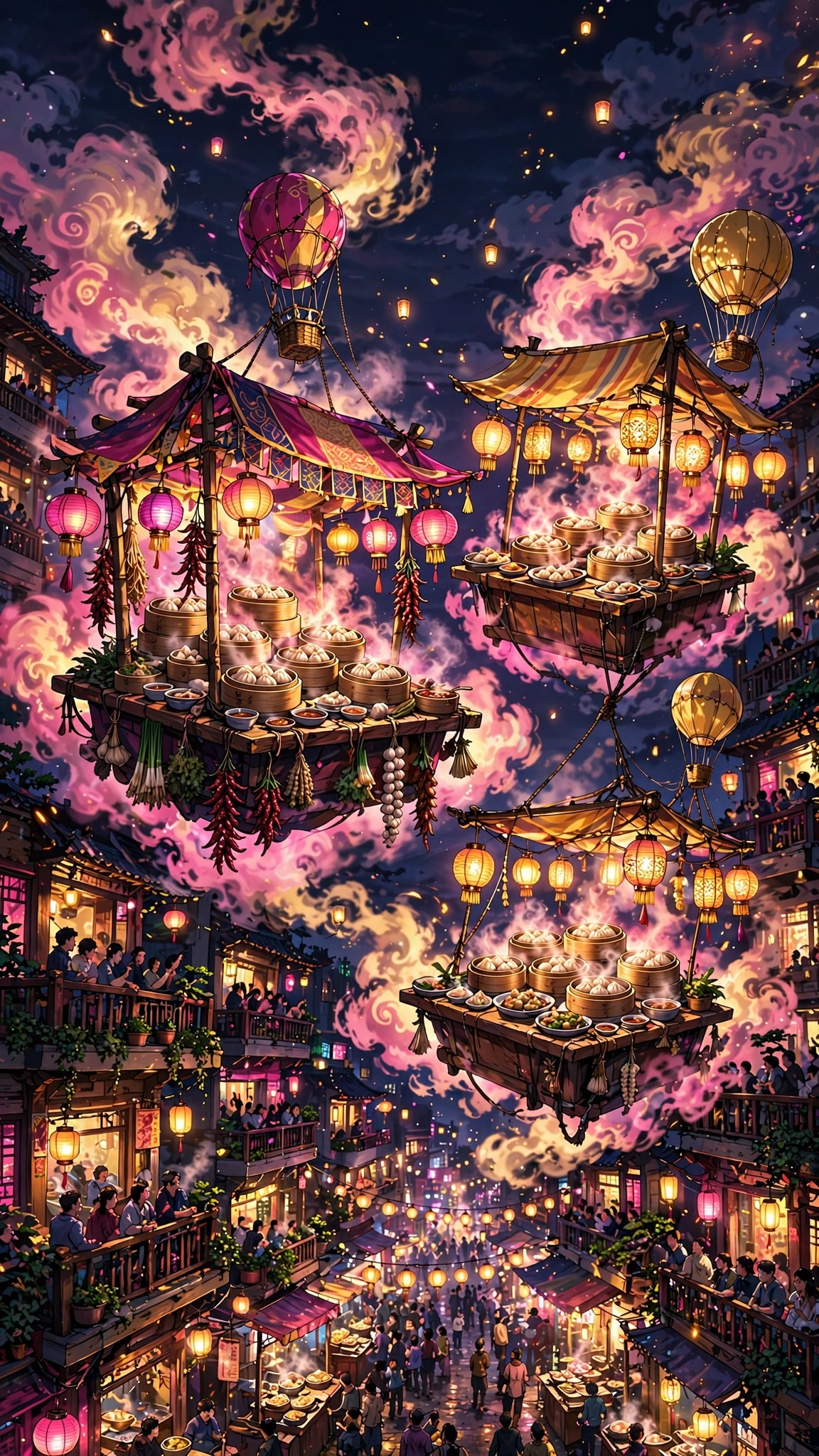 Floating Dumpling Night Market scene, vertical anime wallpaper