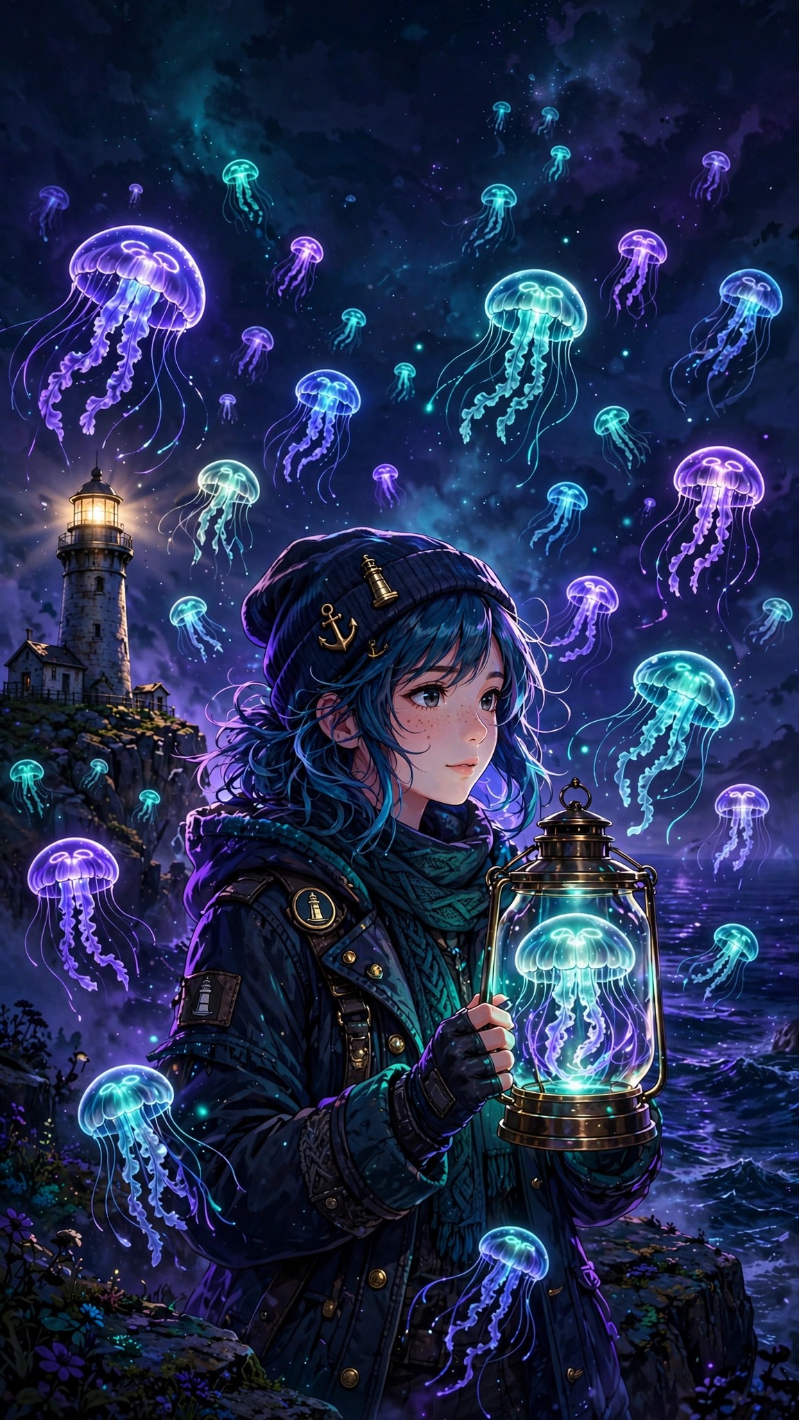 Glowing Jellyfish Lantern Cliff scene, vertical anime wallpaper