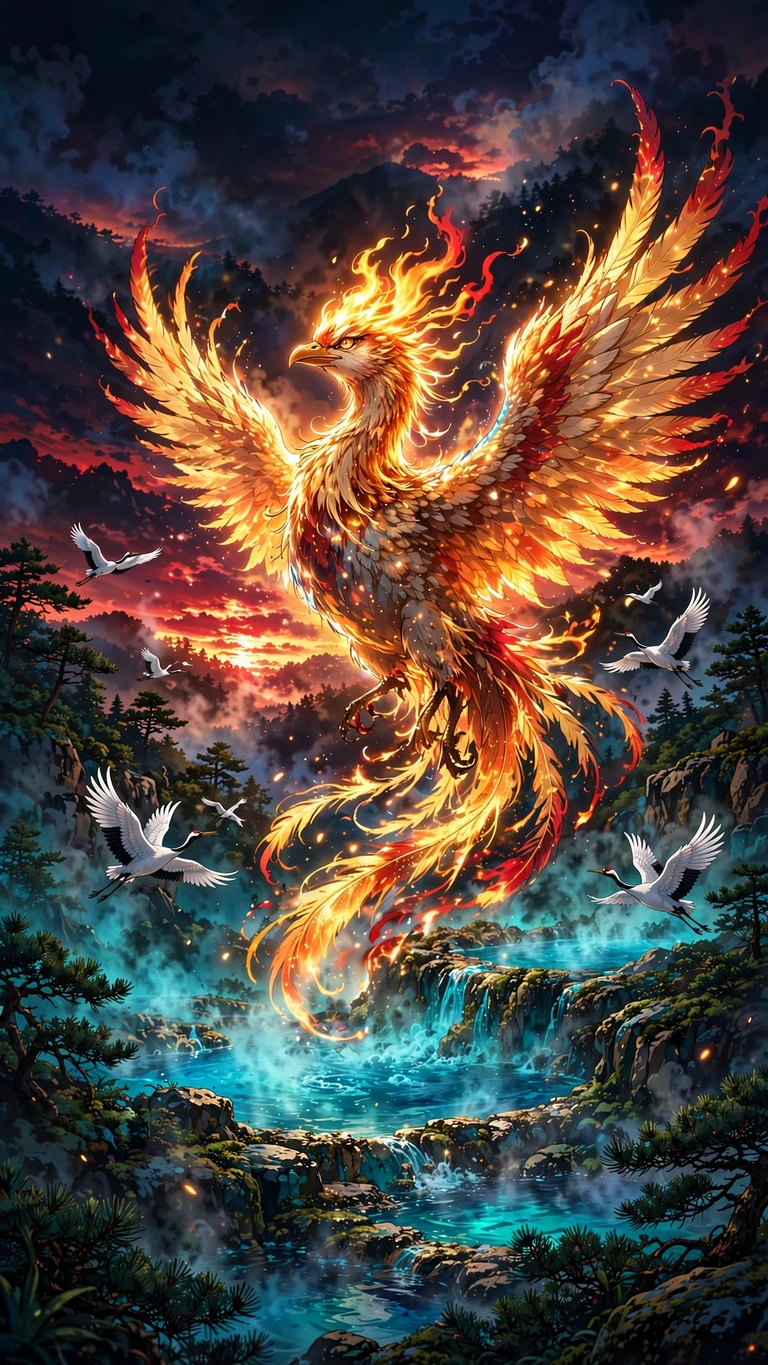 Phoenix Hot Spring Cranes scene, vertical anime wallpaper