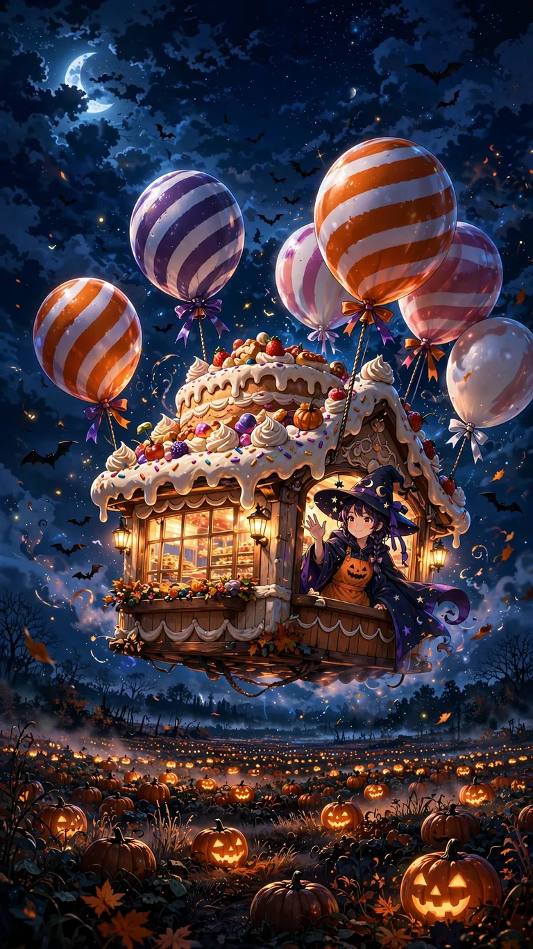 Flying candy balloon cake shop over pumpkin fields at Halloween - vertical anime phone wallpaper