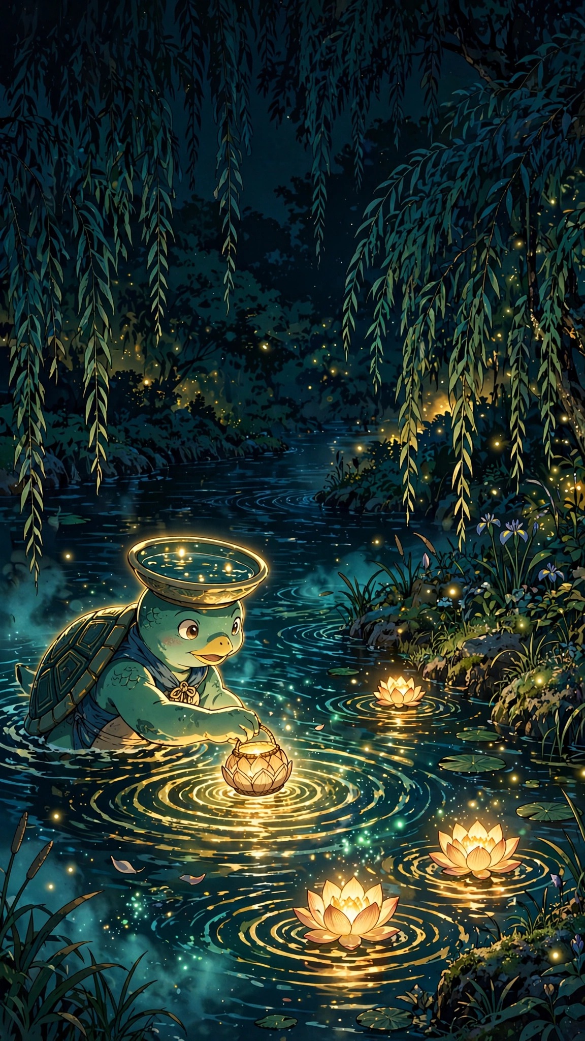 Kappa water spirit floating lotus lanterns on a night river - vertical anime phone wallpaper