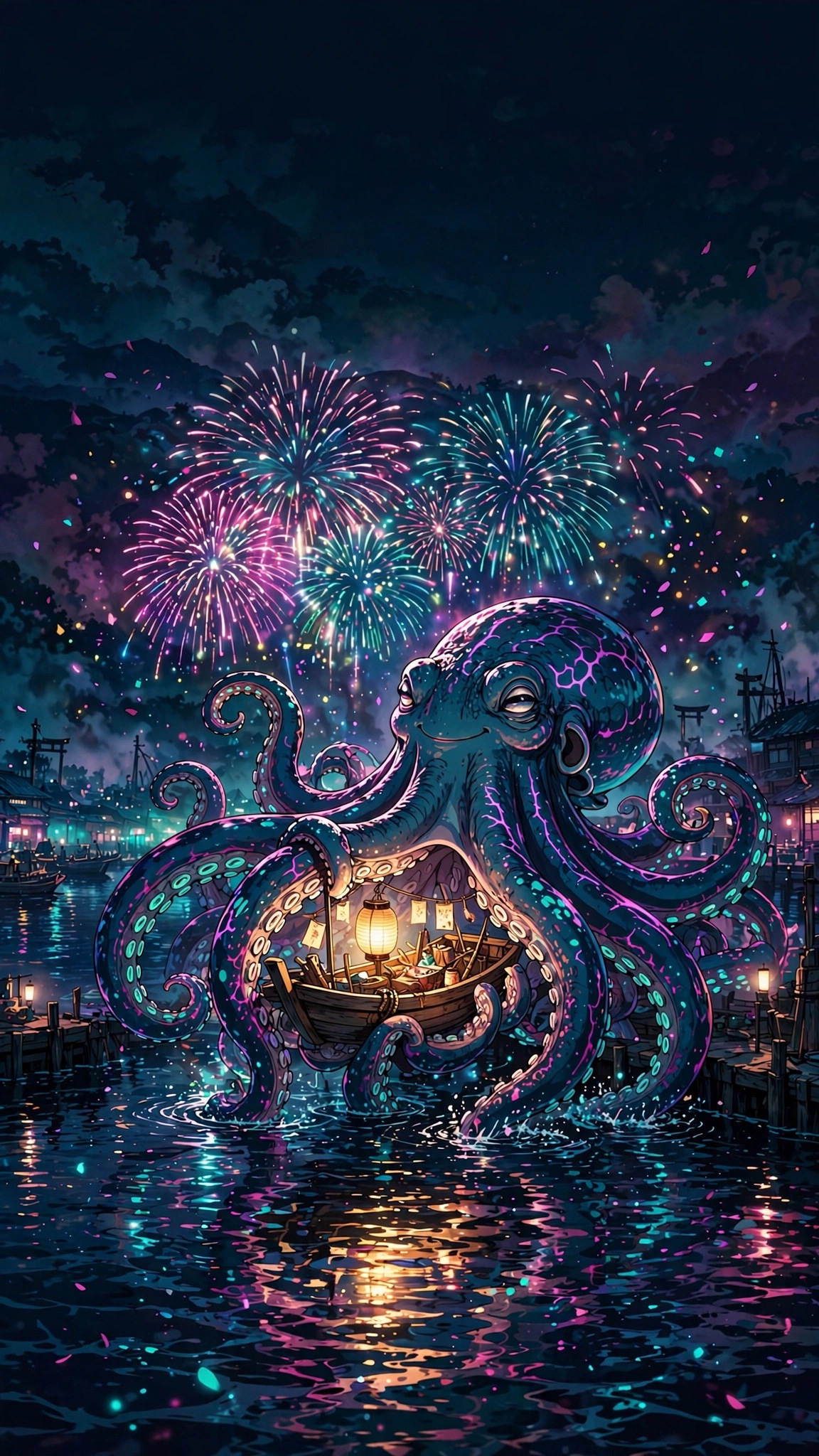 Giant glowing octopus lifting a lantern boat in a night harbor - vertical anime phone wallpaper