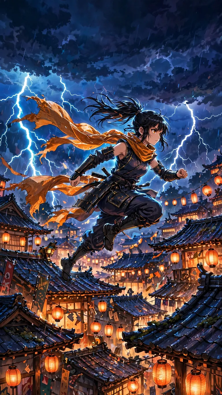 Ninja girl leaping across festival rooftops in a lightning storm - vertical anime phone wallpaper