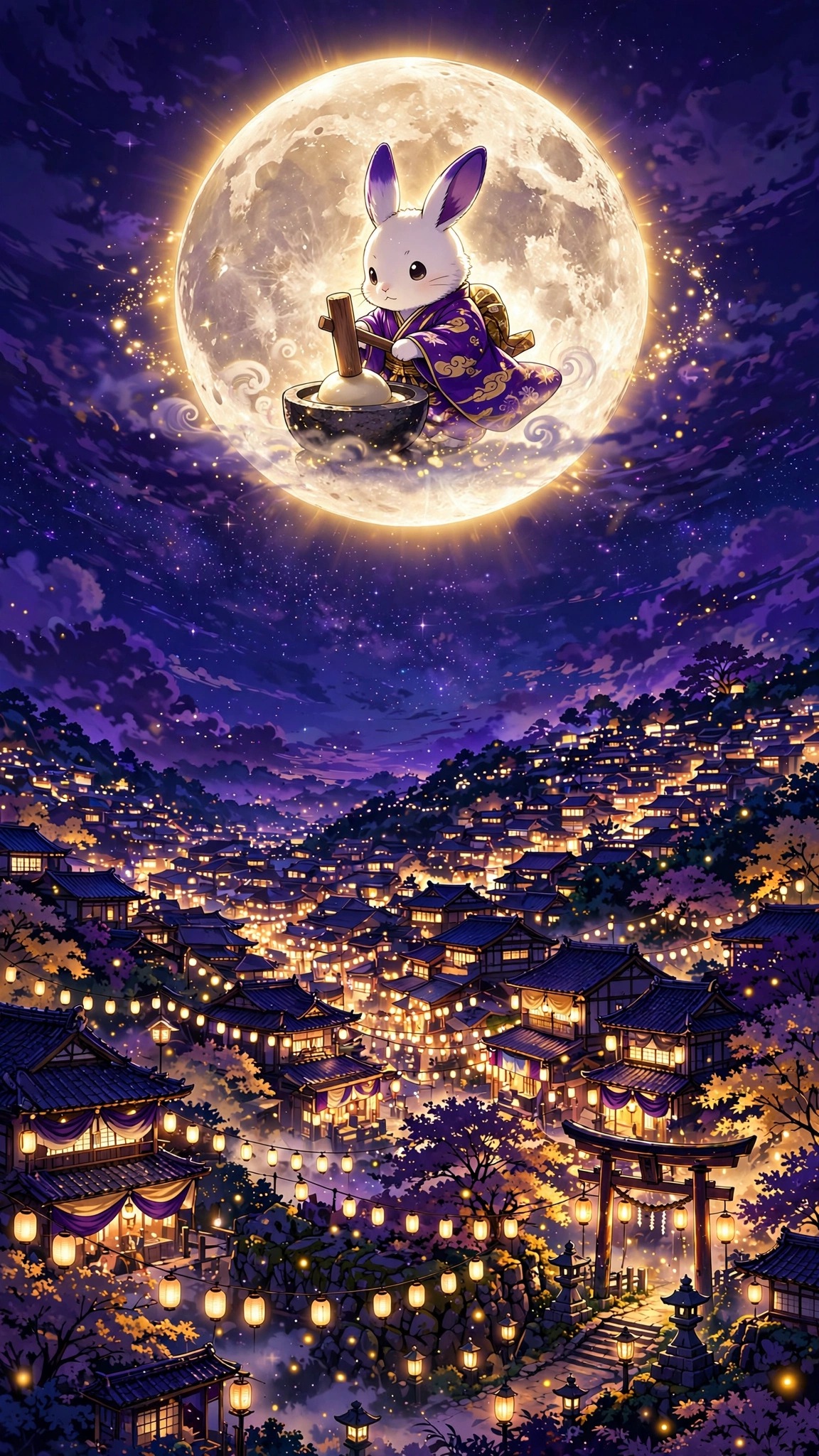 Moon rabbit pounding mochi on a giant full moon over a lantern festival - vertical anime phone wallpaper
