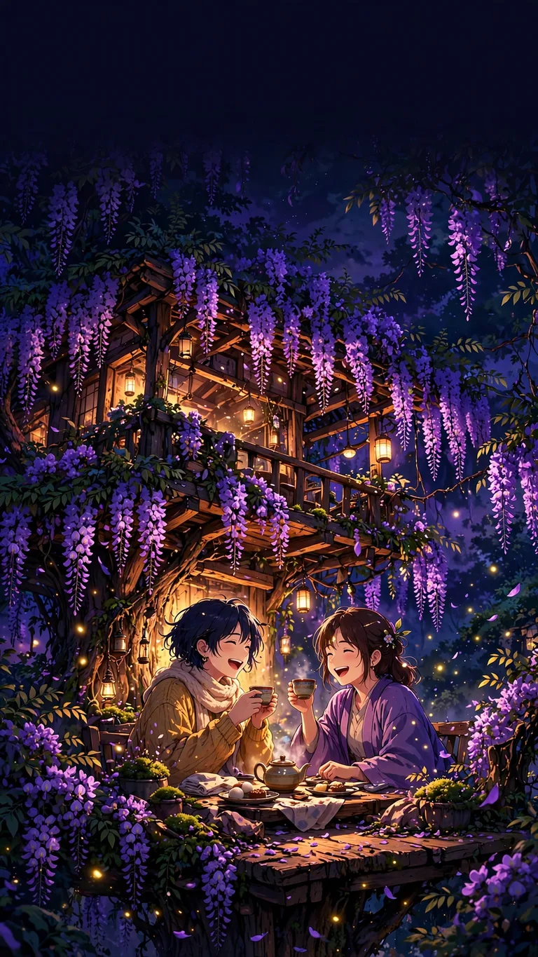 Wisteria treehouse lantern tea party at dusk - vertical anime phone wallpaper