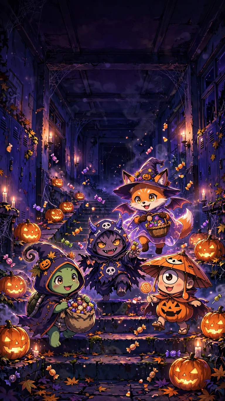 Yokai children in Halloween costumes in a haunted school corridor - vertical anime phone wallpaper