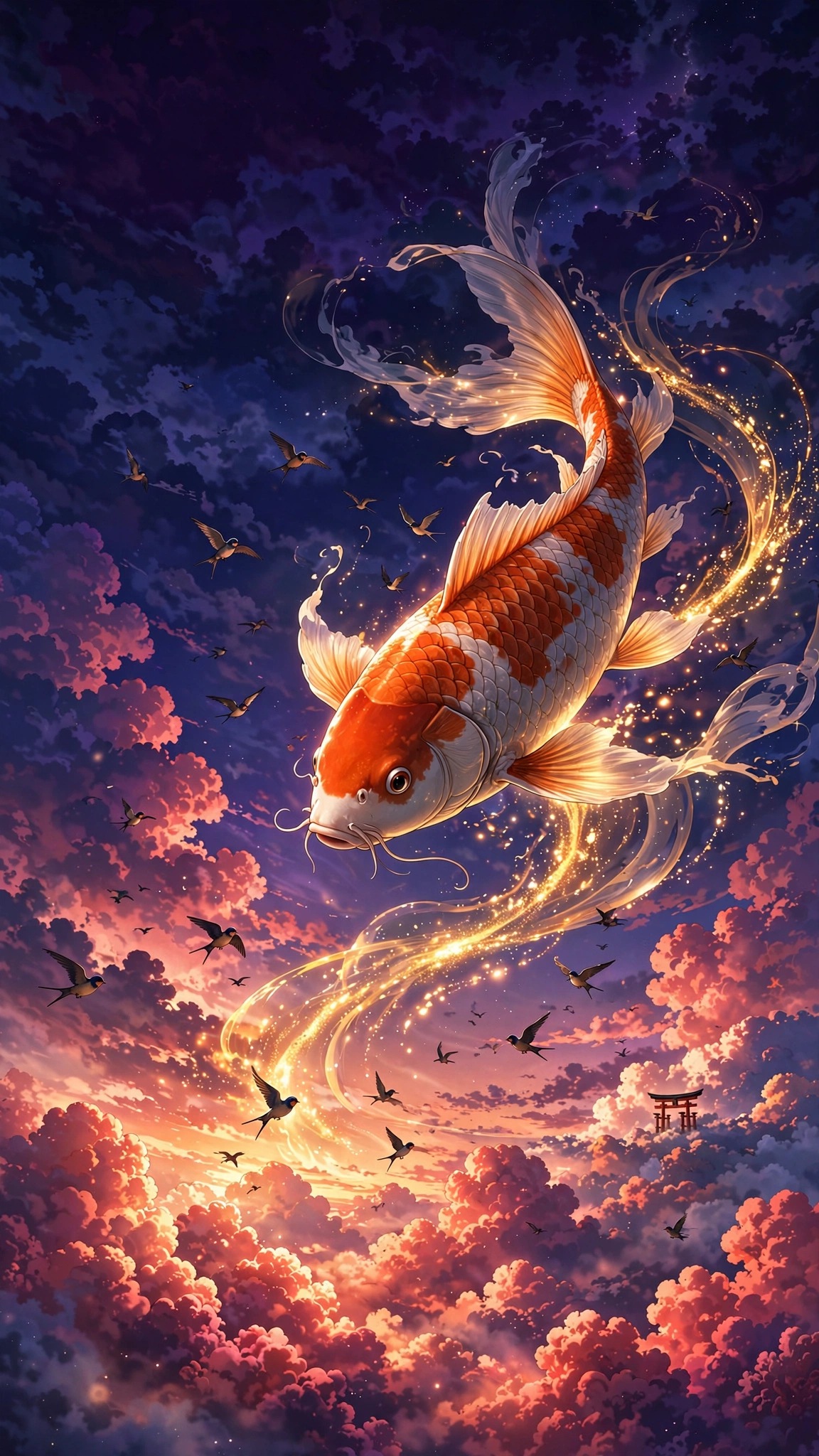Giant koi fish swimming through sunset clouds, anime wallpaper