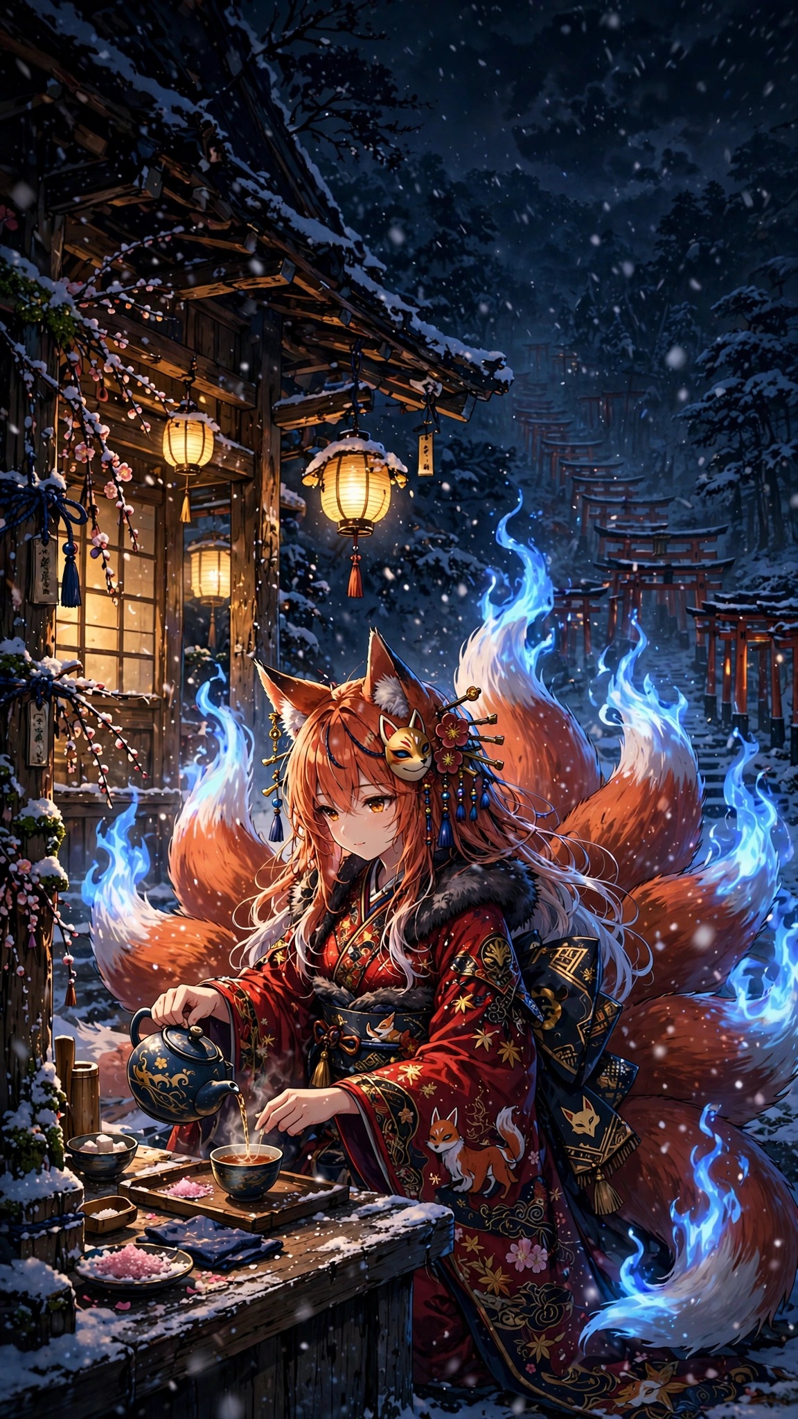 Nine-tailed kitsune girl in crimson kimono serving tea at snowy teahouse, anime wallpaper