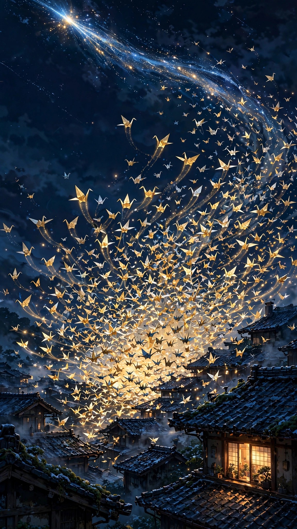 Thousand glowing paper cranes rising to comet night sky, anime wallpaper