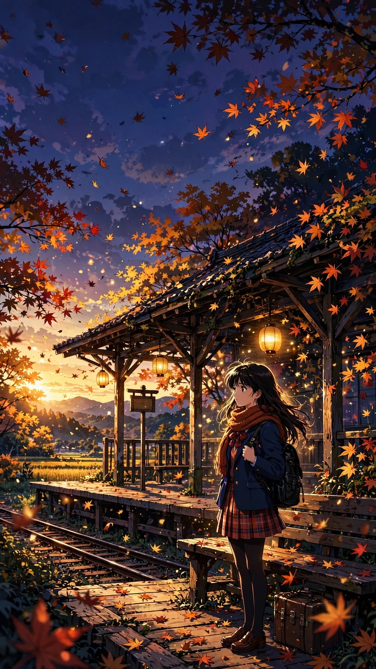 Autumn Train Station, vertical anime phone wallpaper