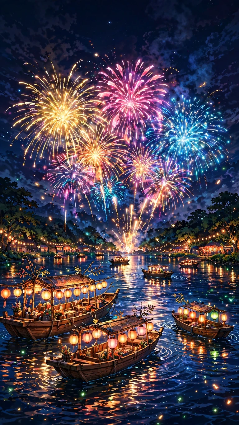 Firework Festival Lake, vertical anime phone wallpaper
