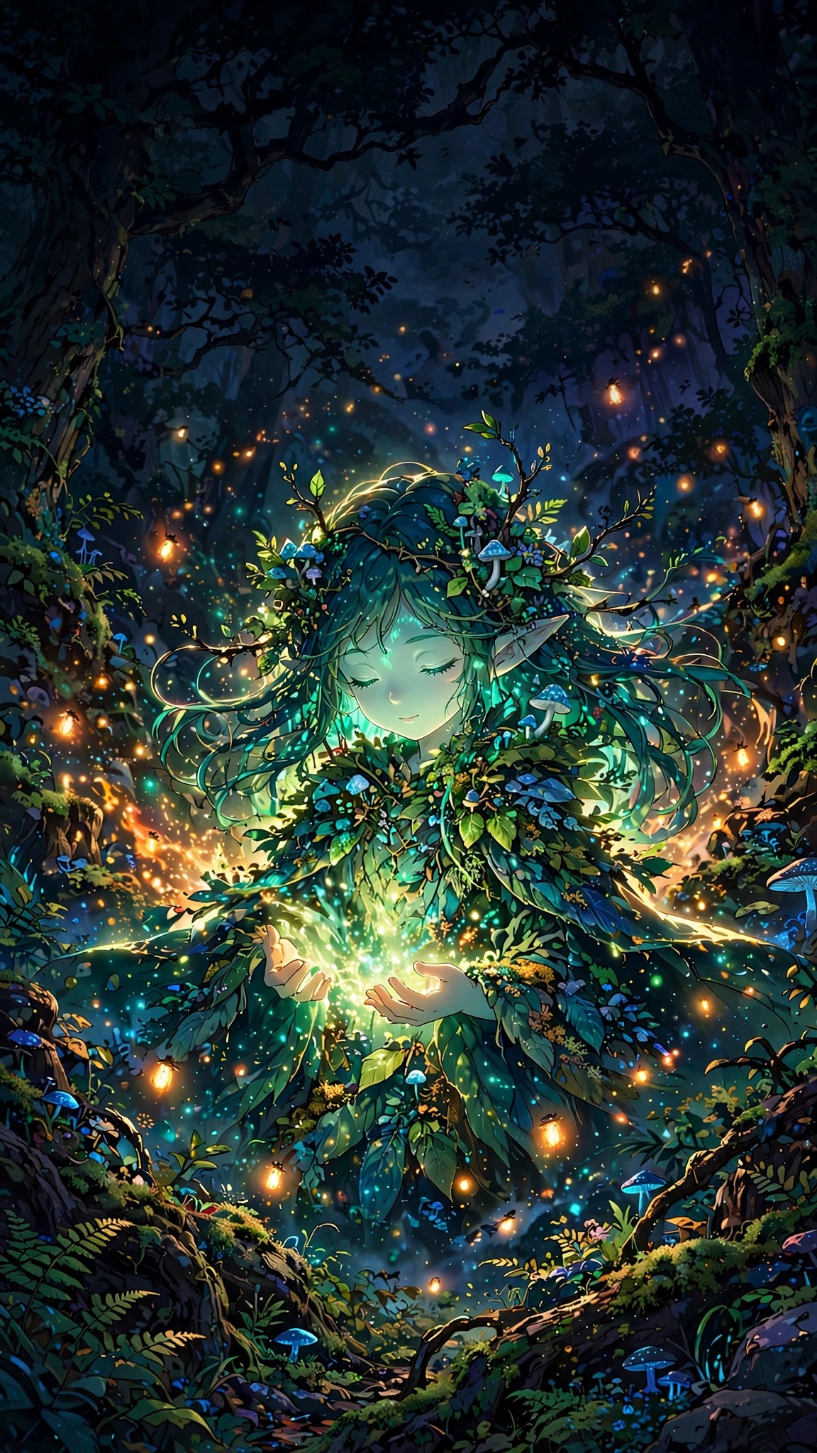 Forest Spirit Fireflies, vertical anime phone wallpaper