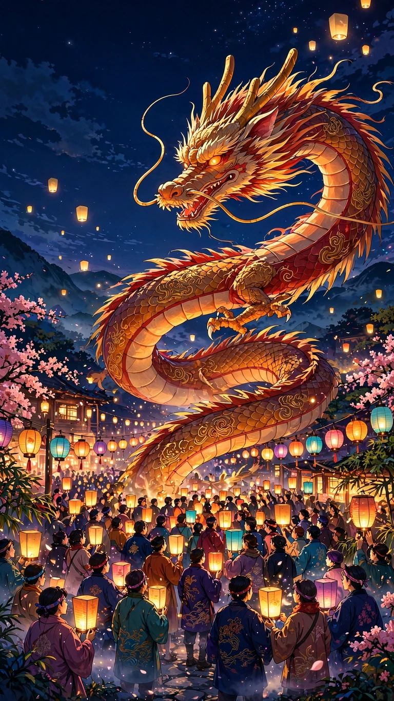 Lantern Festival Dragon, vertical anime phone wallpaper