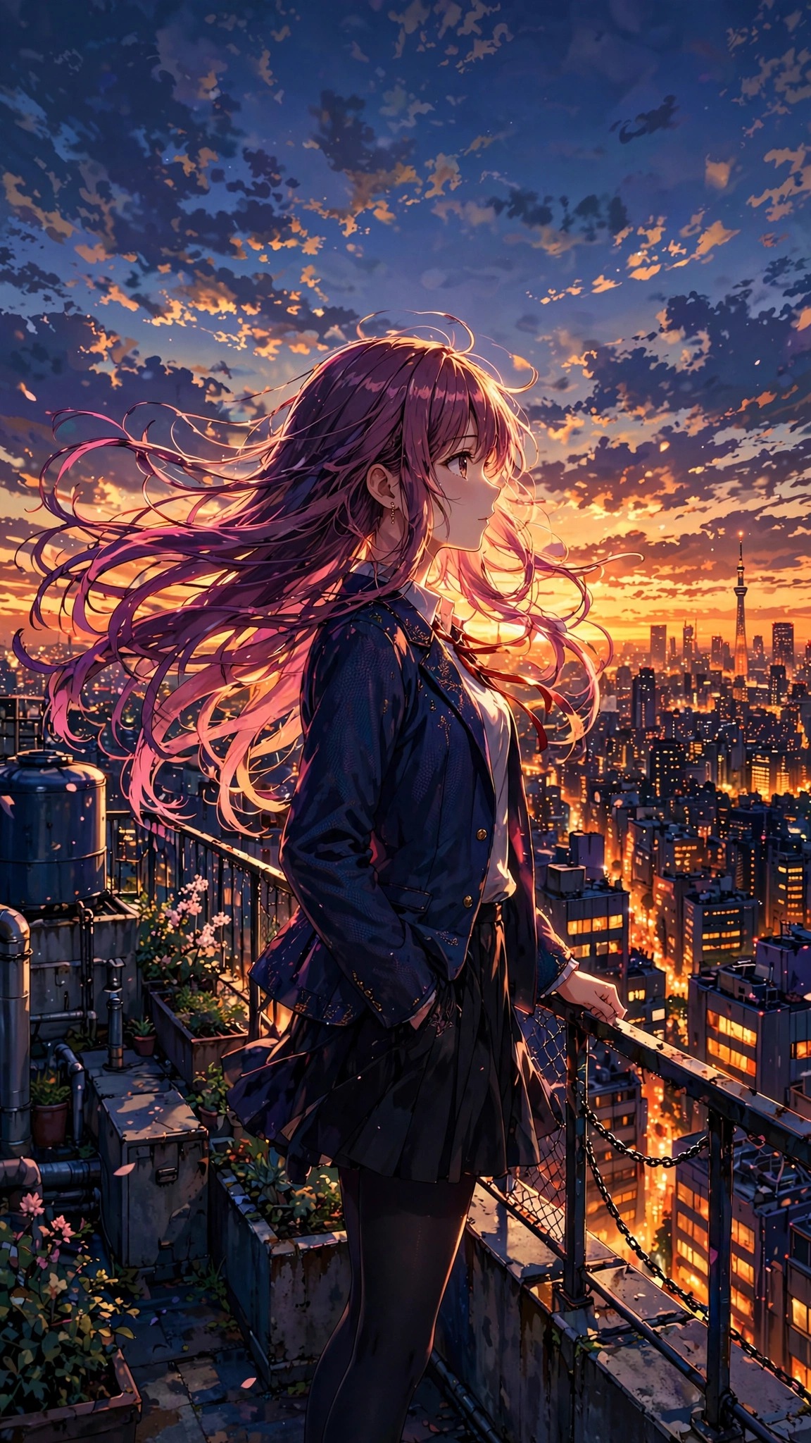 Tokyo Rooftop Sunset, vertical anime phone wallpaper