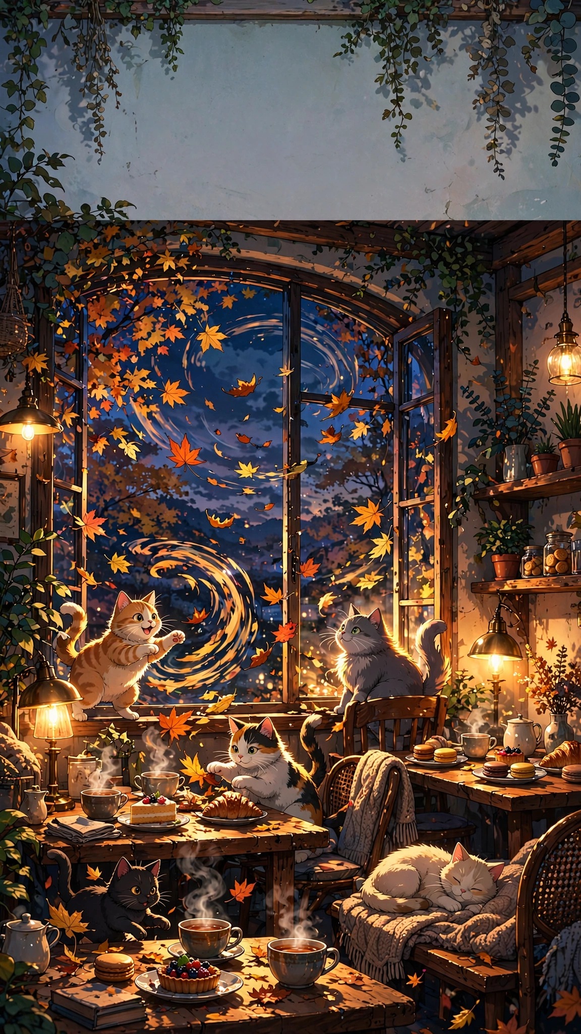 Cozy cat cafe with playful cats and autumn leaves at dusk, vertical anime wallpaper