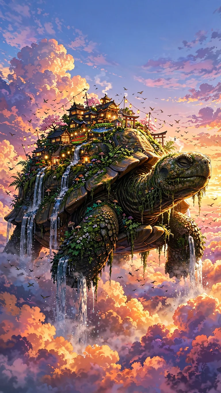 Giant tortoise carrying a glowing village on its shell in sunset clouds, vertical anime wallpaper