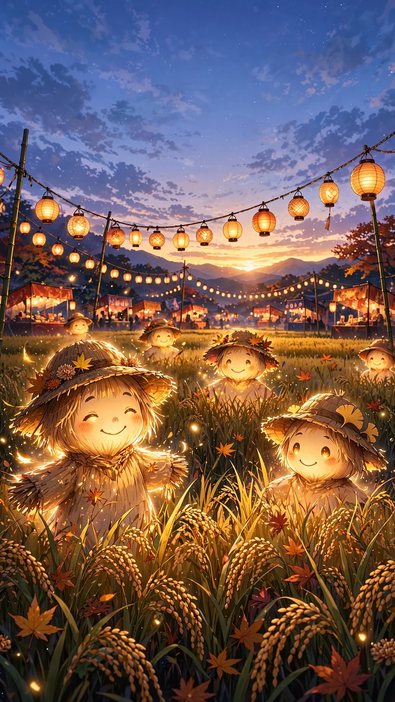 Glowing scarecrow spirits at an autumn harvest festival with paper lanterns at dusk, vertical anime wallpaper