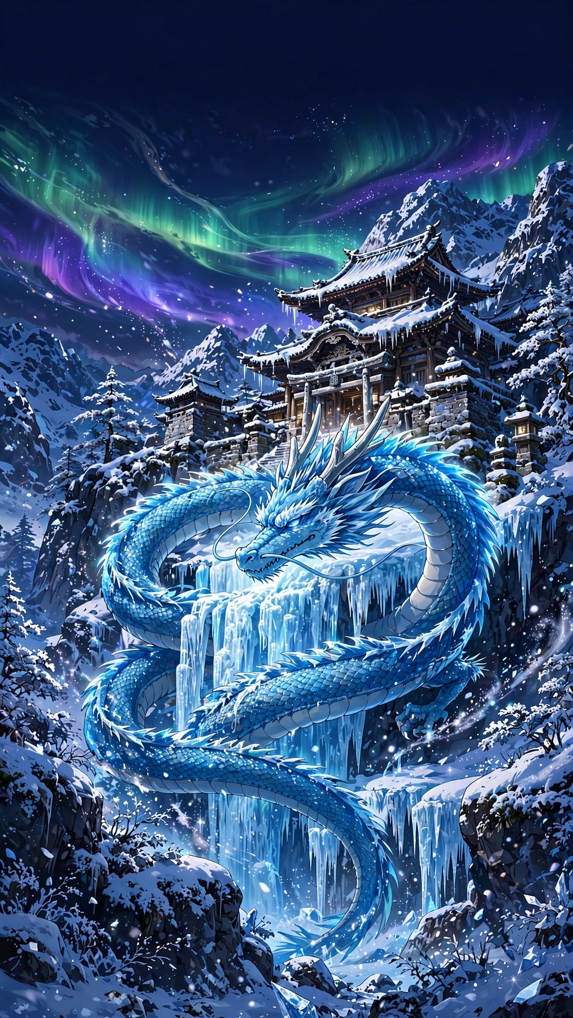 Ice dragon coiling around a frozen waterfall at a snowy mountain temple under aurora, vertical anime wallpaper