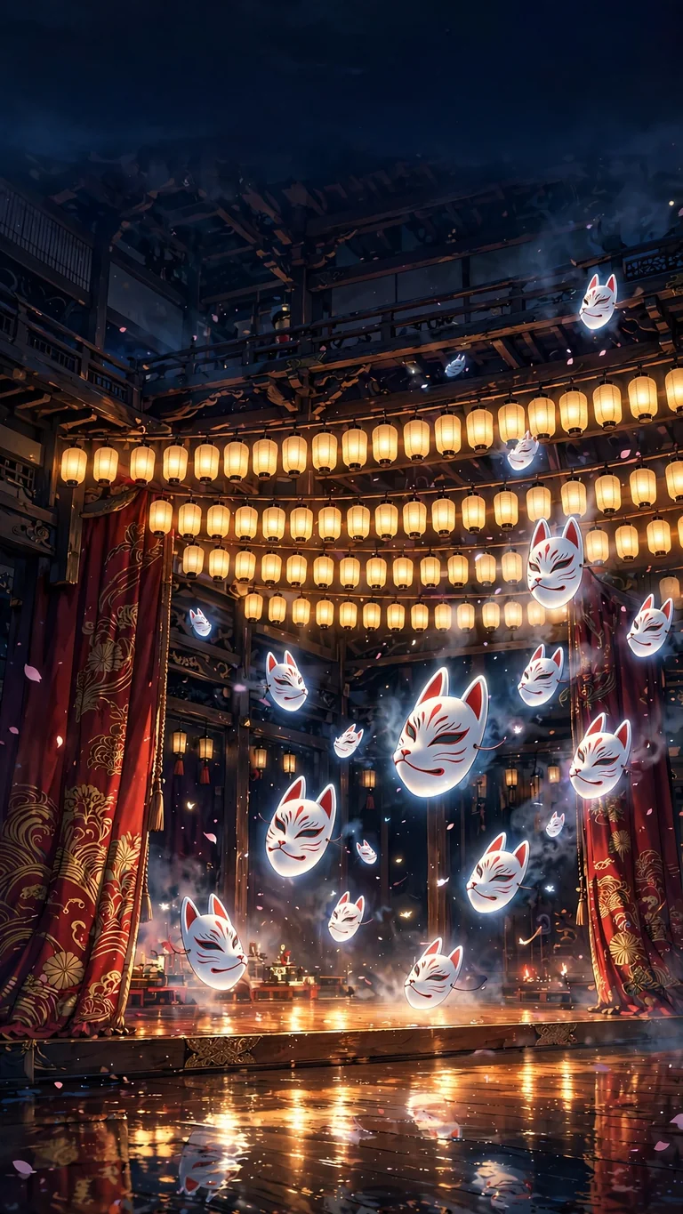 Fox masks floating over a lantern-lit kabuki stage with red curtains, vertical anime wallpaper