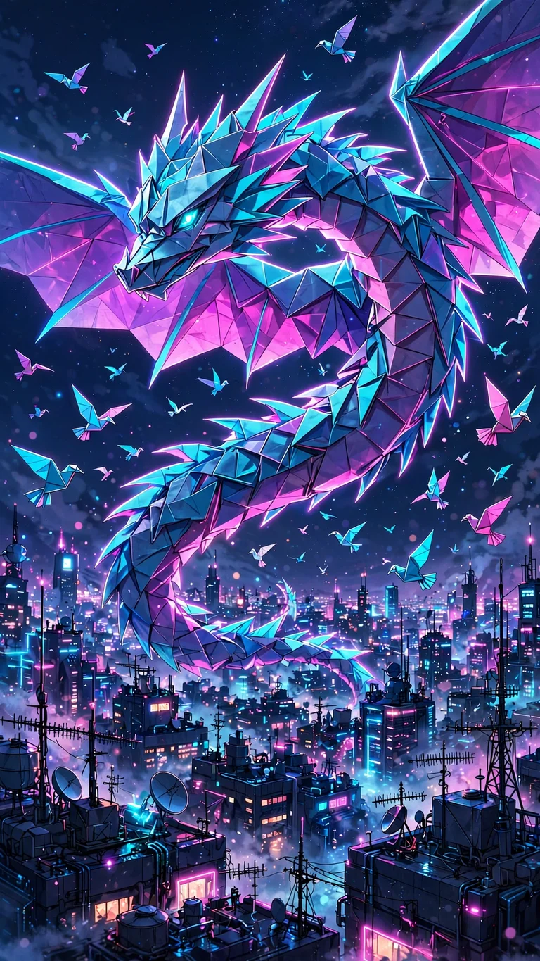 Glowing origami dragon soaring over a neon night city, vertical anime wallpaper