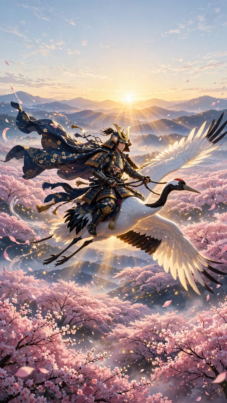 Samurai riding a giant white crane over cherry blossoms at dawn, vertical anime wallpaper