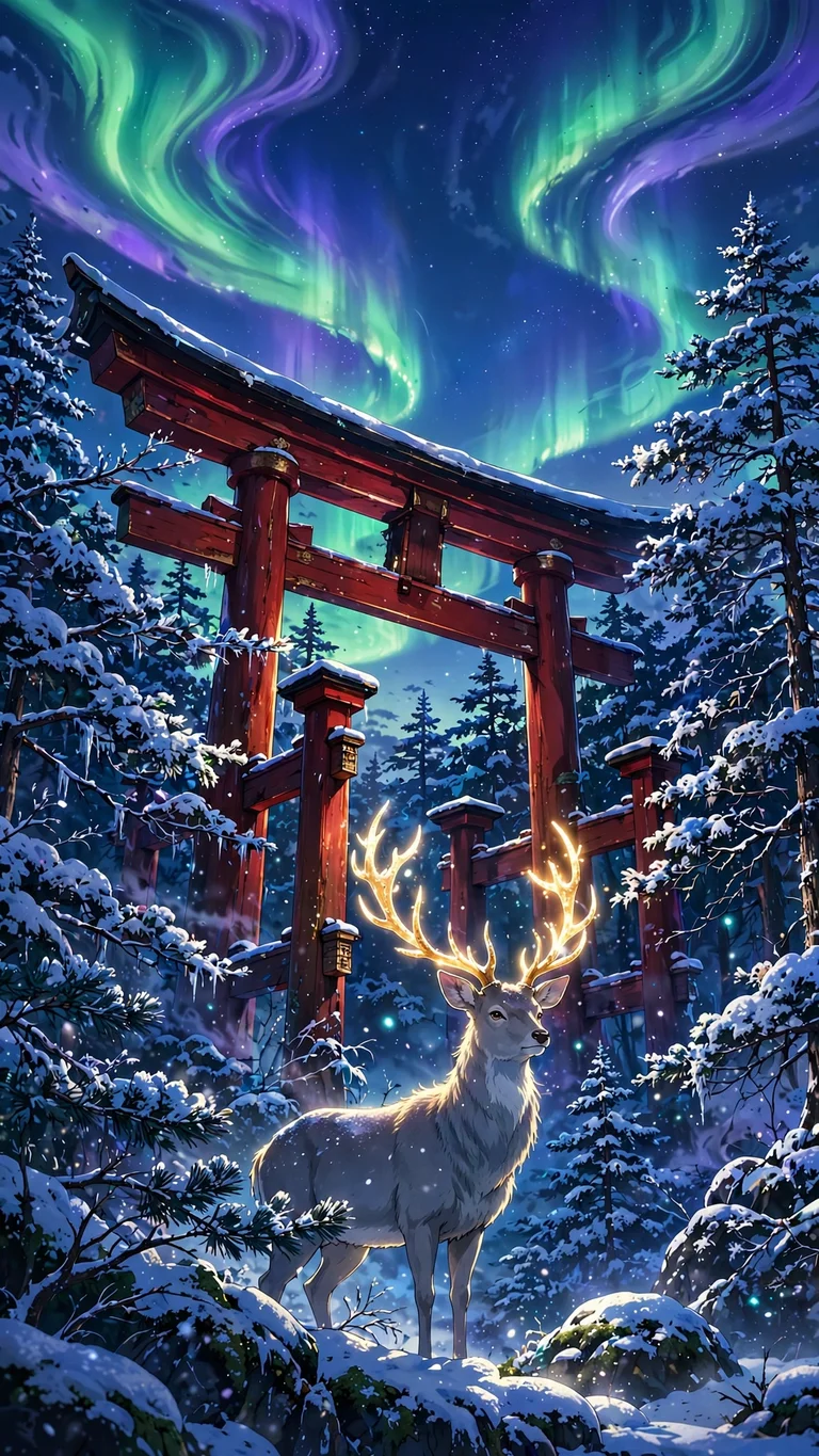 Sacred deer with golden antlers under crimson torii gate and aurora, vertical anime wallpaper