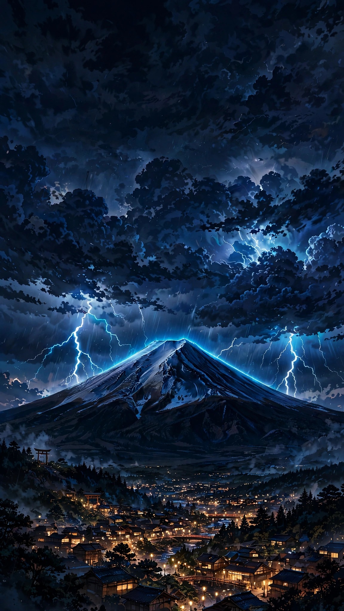 Mount Fuji in a night thunderstorm with lightning, vertical anime wallpaper