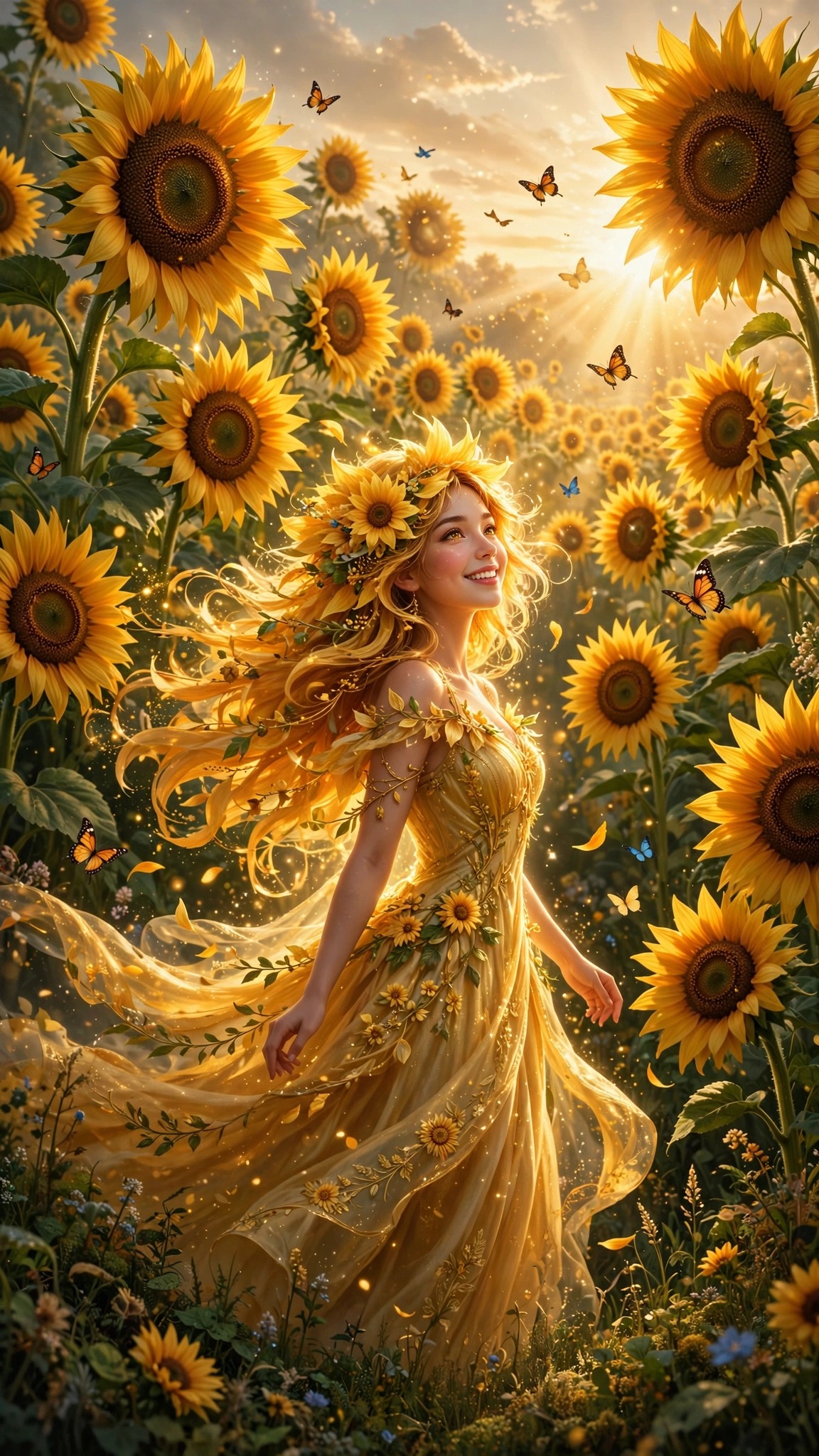 Radiant flower spirit girl among giant sunflowers at golden sunset with butterflies, vertical anime wallpaper
