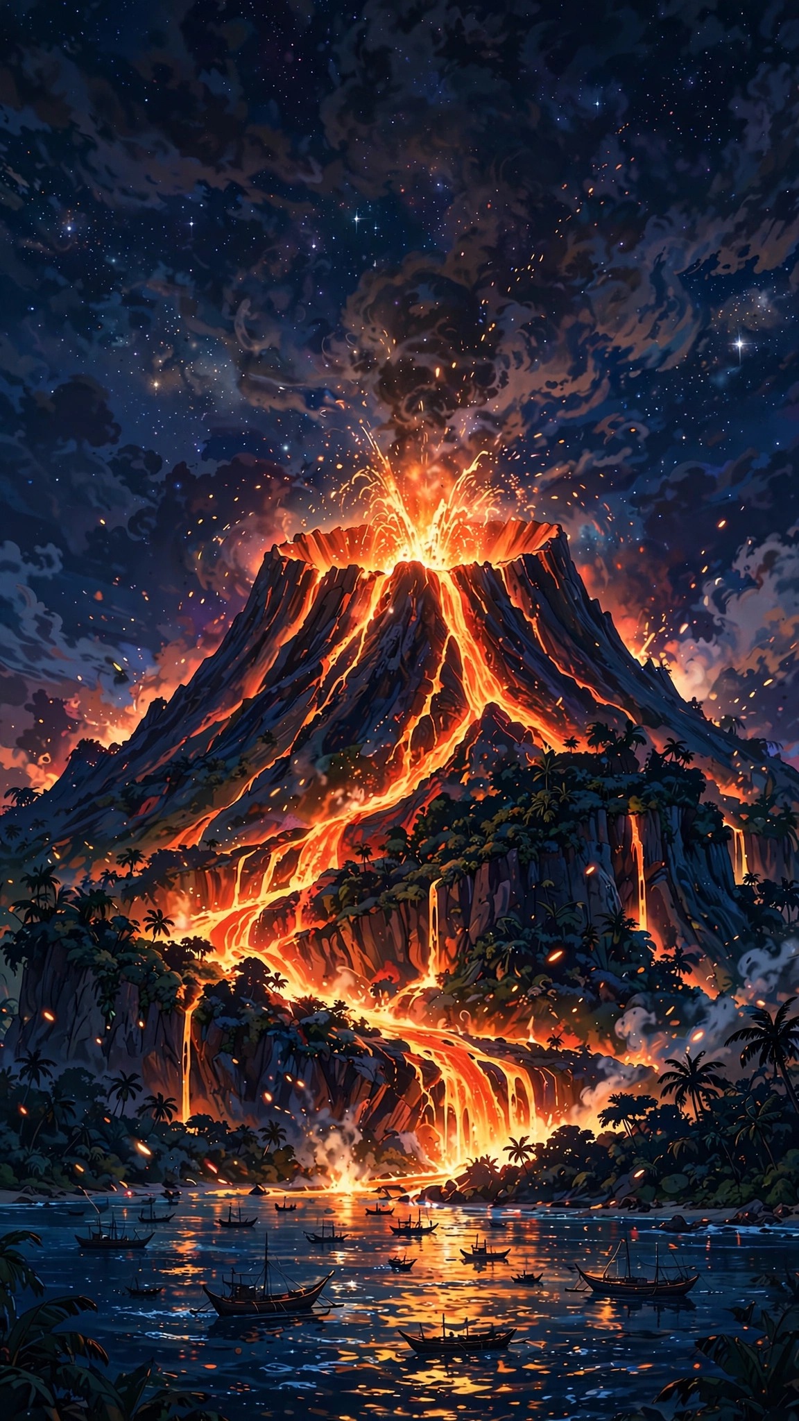 Island volcano erupting at night with glowing lava over a lagoon and fishing boats, vertical anime wallpaper