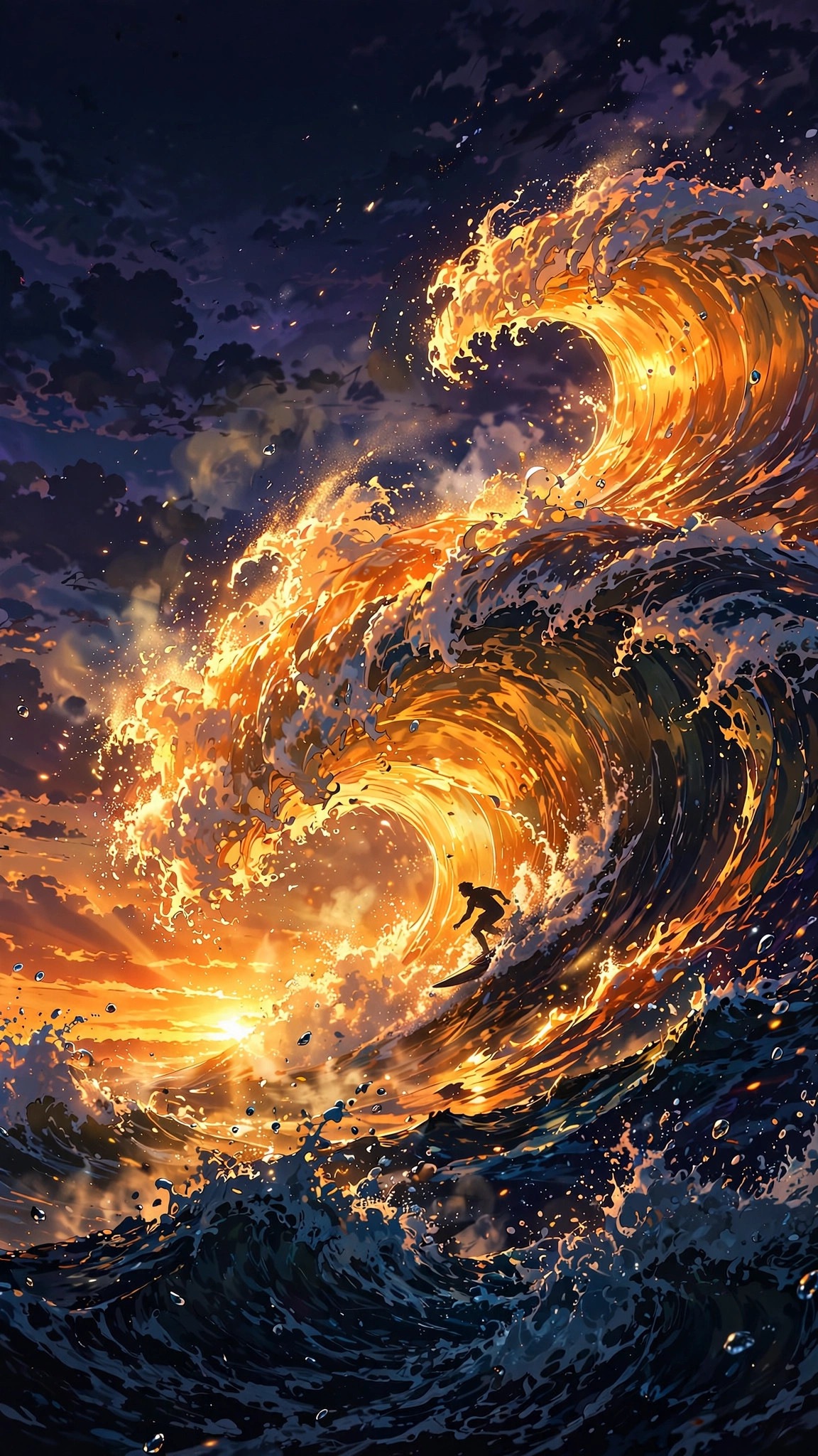 Giant glowing ocean wave at sunset with a surfer silhouette inside the barrel, vertical anime wallpaper