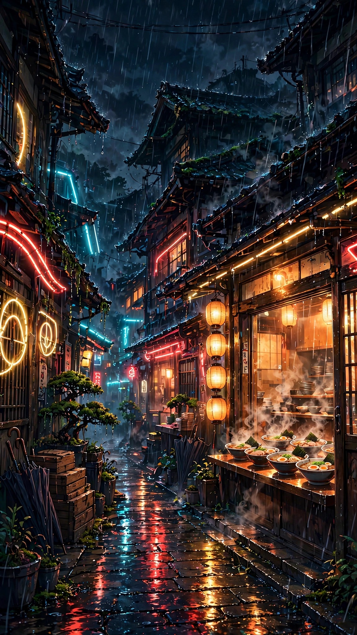 Rainy neon ramen alley at night with glowing signs and steaming noodle bowls, vertical anime wallpaper
