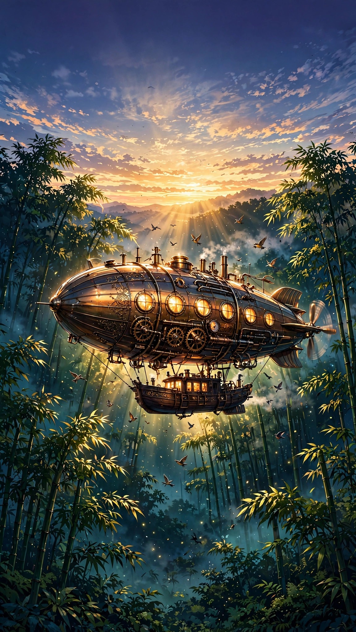 Steampunk airship drifting over a misty bamboo forest at sunrise, vertical anime wallpaper
