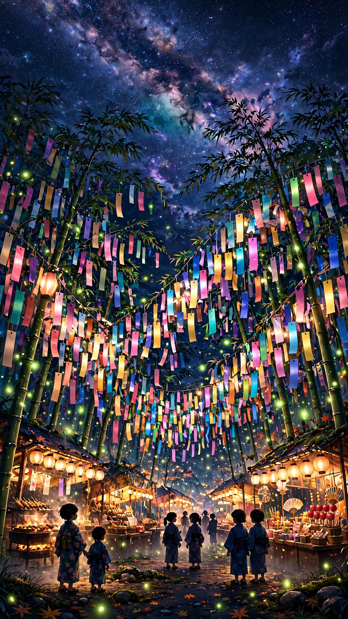 Tanabata star festival night with glowing wish papers on bamboo under the Milky Way, vertical anime wallpaper