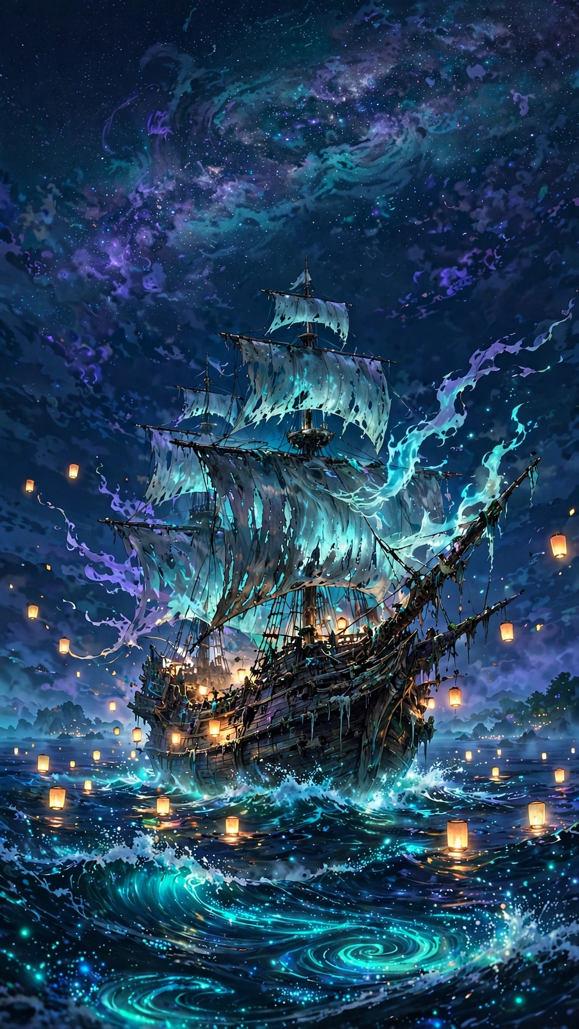 Ghost ship with glowing sails sailing a starry night ocean, vertical anime wallpaper