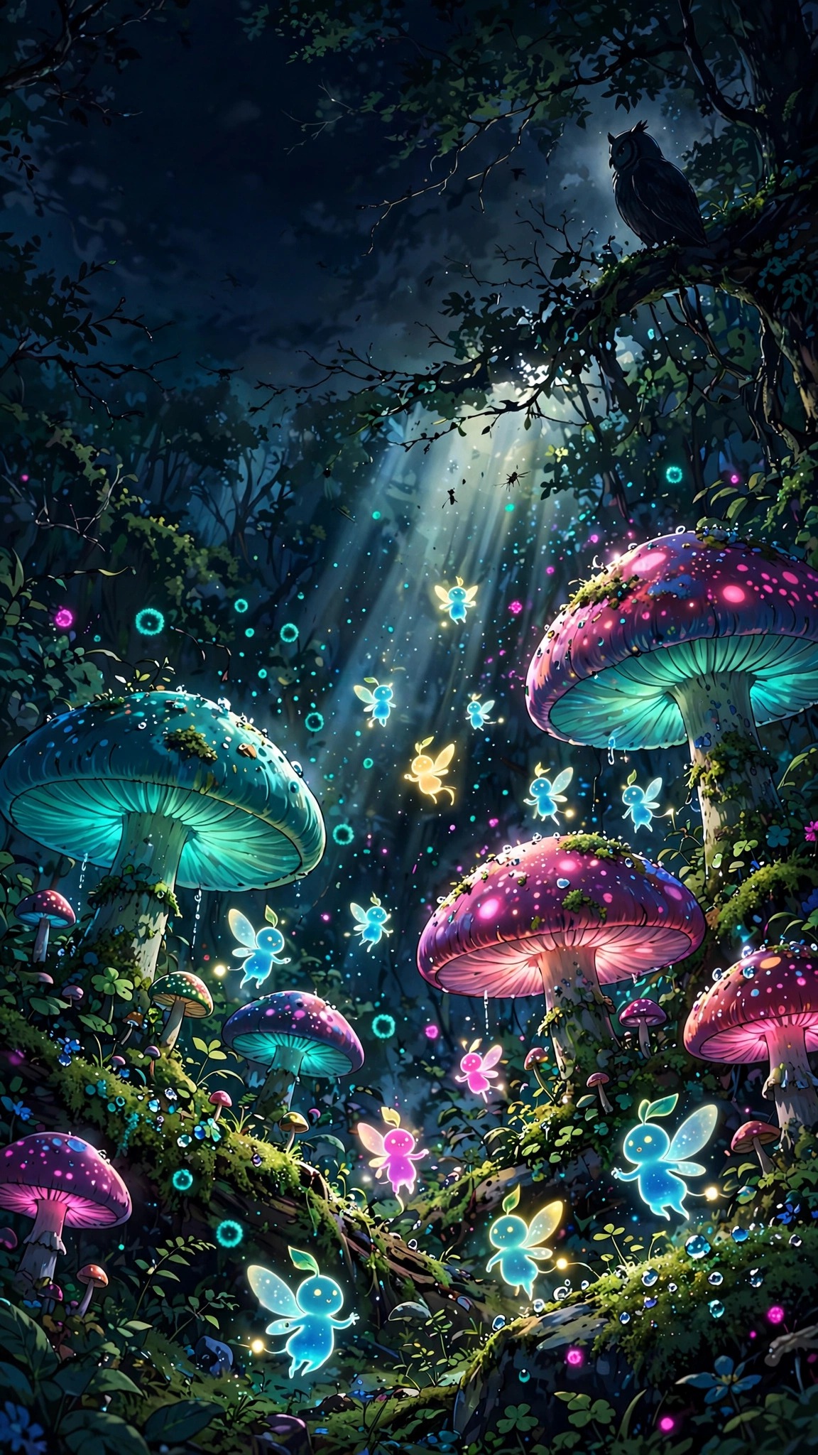 Glowing spirit sprites among bioluminescent mushrooms at night, vertical anime wallpaper