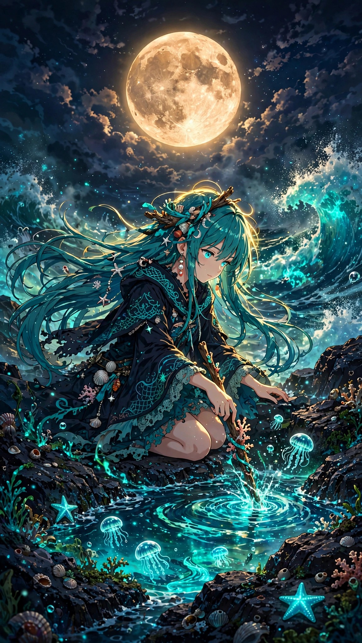 Anime sea witch stirring a glowing tide pool under the full moon, vertical anime wallpaper