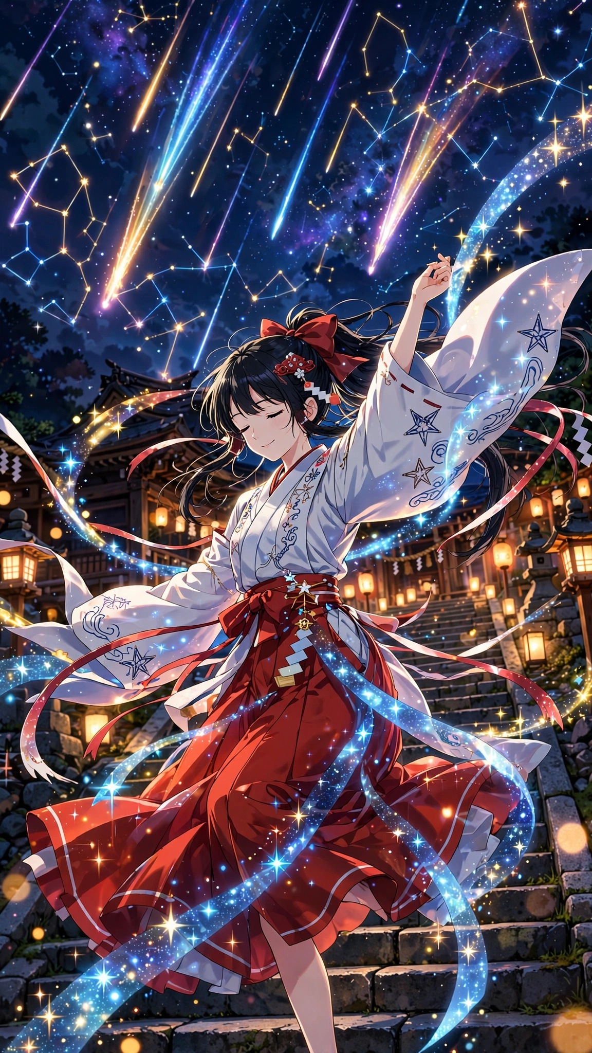 Anime shrine maiden dancing under a meteor shower at night, vertical anime wallpaper