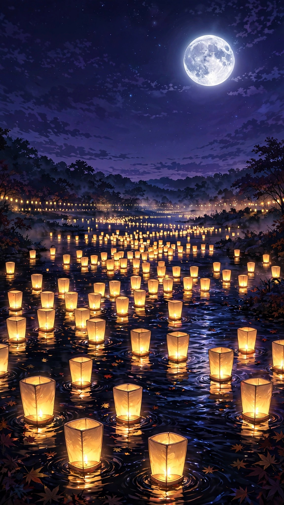 Floating paper lanterns on a midnight October river under a full moon, anime art