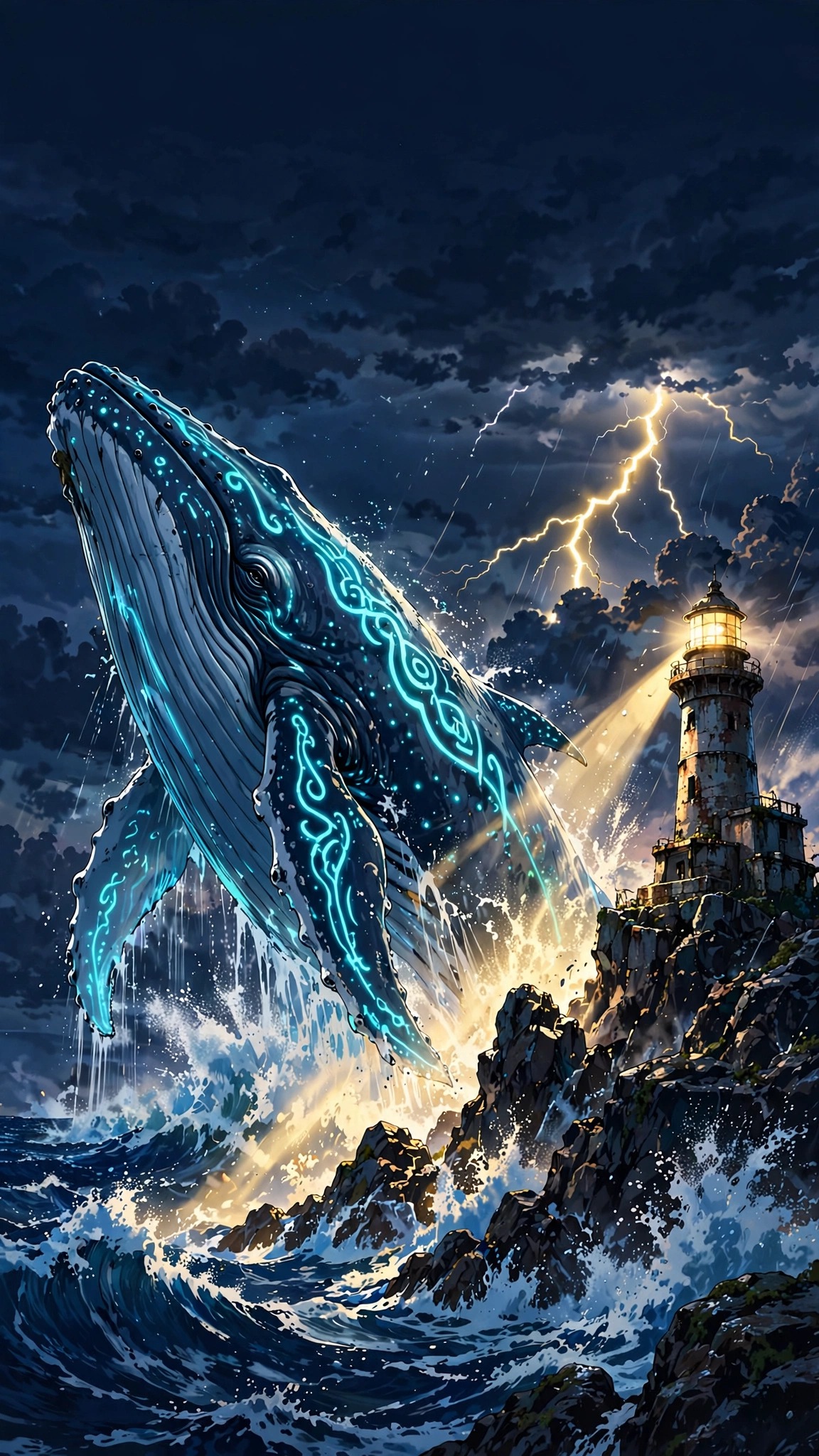 Bioluminescent whale breaching beside a lighthouse in a lightning storm, anime art