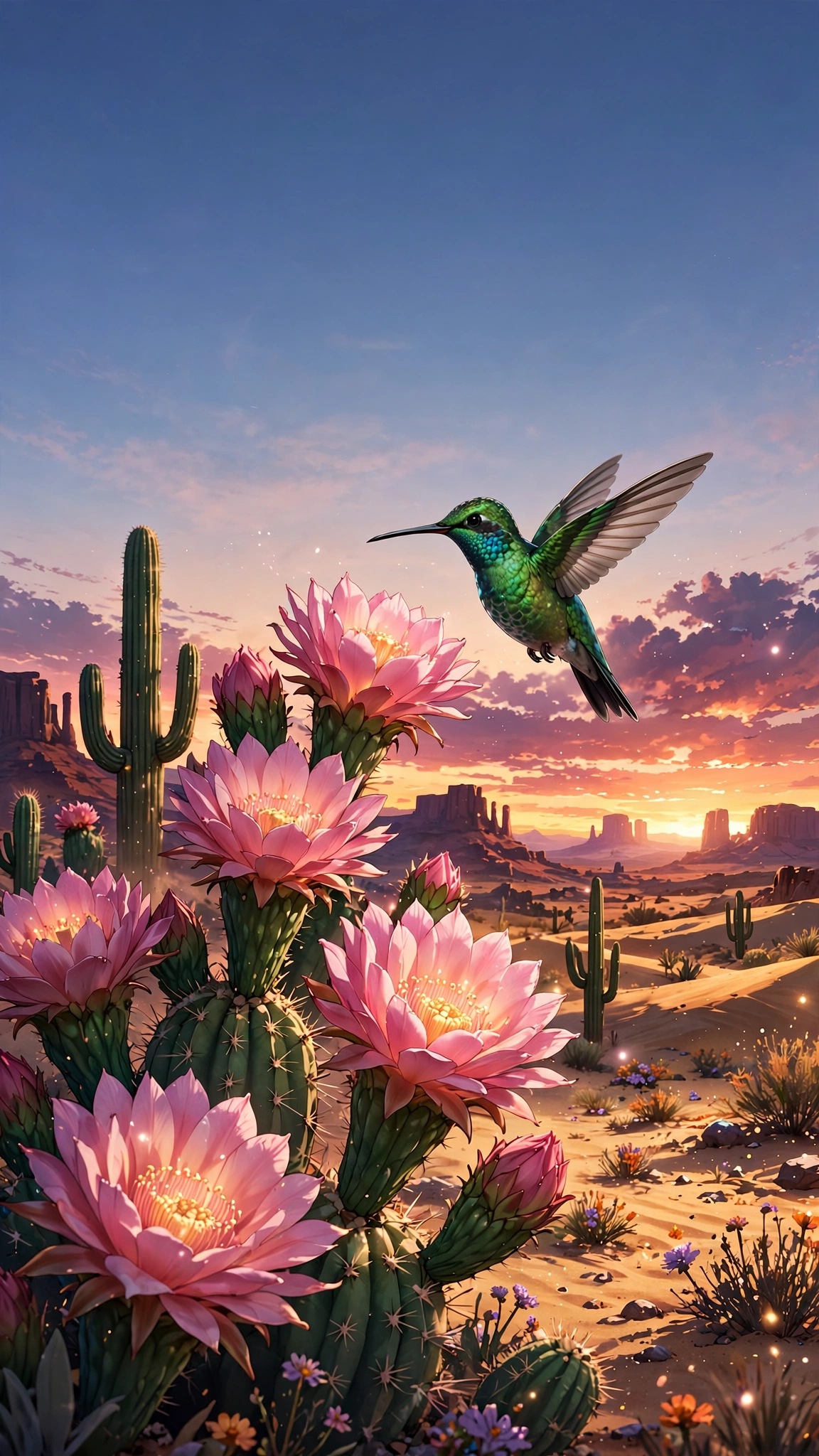 Hummingbird at cactus blooms at sunset anime wallpaper