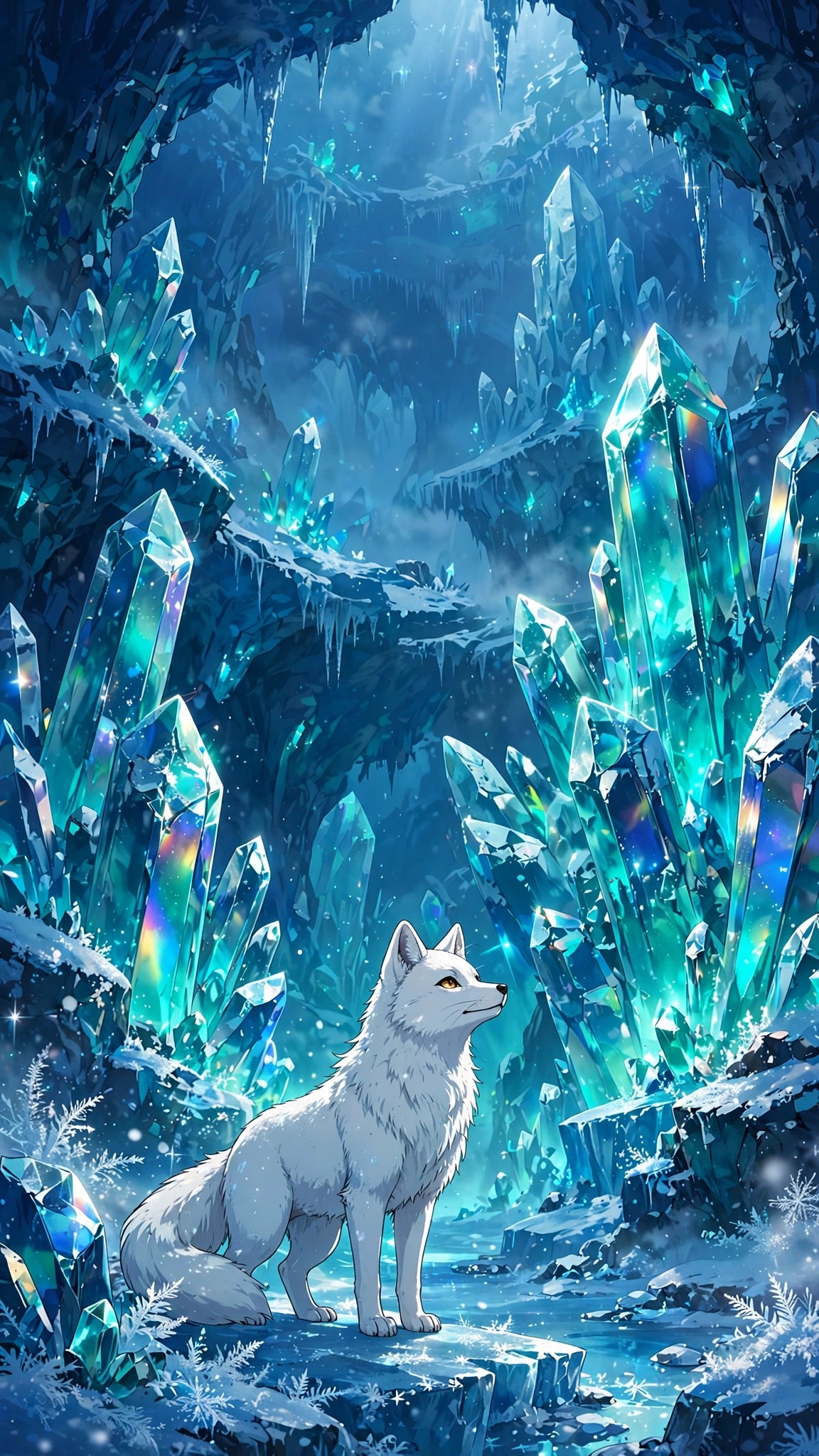 Arctic fox in an ice crystal cavern anime wallpaper