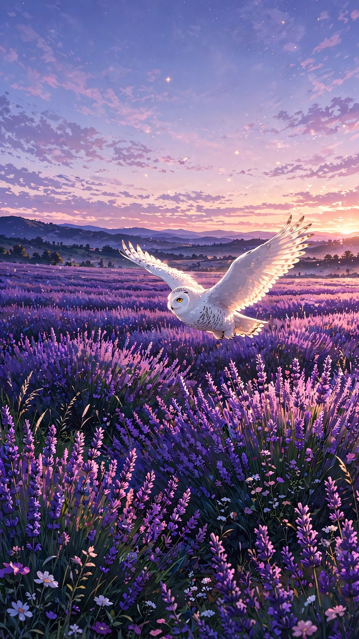 Snowy owl over a lavender field at dusk anime wallpaper